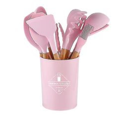 Yunshu 12-delt madlavning non-stick silikone køkkenudstyr sæt træhåndtag Pink