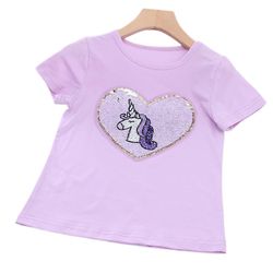 Liltop Kids Girls Cartoon Enhjørning Pailletter T-shirt Bluse Crew Hals Kortærmet Toppe Tee Lilla 1-2 Years