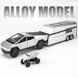 1:32 Tesla Pickup Trailer RV Toy Toy Alloy Diecast Simulation Truck -malli, jossa on ääni- ja valoleluja lapsille Syntymäpäivälahjaleluautot Hopean...