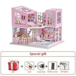 Mickcara Store dukkehus møbler miniature bygning kits diy dukkehus kit roombox villa have træ huse legetøj til børn voksne gaver Hus-005