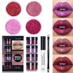 ibcccndc 4 väriä Glitter Lip Kit Diamond Metallic High Pigmented Powder Pitkäkestoinen vedenpitävä huulille Kosmetiikka Glitter Huulet Meikki Lip P...
