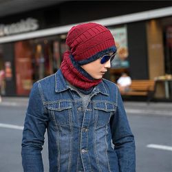 Varychmoo Unisex Strikket Slouch Hue Hatte Rør Tørklæde Sæt Vinter sne varmere ski caps Vin rød