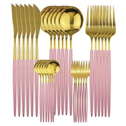 Unbrand 30pcs Pink Guld service Mirror sølvtøj rustfrit stål porcelæn Køkkenkniv Spoon Sæt