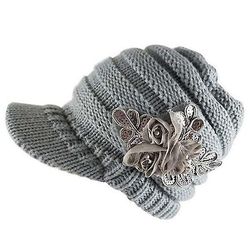 Fashion Winter Kvinders Strikkede Hat, Flat Top Sun Hat, Varm Hue, Baseball Cap med blomster grå