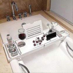 Jatkettava bambukylpyammeen Caddy-tarjotin kirjatelineellä ja viinilasipaikalla