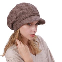 Zhongyun kvinners vinter lue lue varm strikket slouchy ull hatter cap med visir Khaki