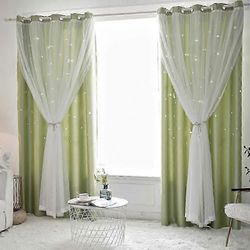 Tähti Cutout Ikkunaverho Pimennysverhot Lapsille Tytöt Makuuhuone Olohuone Kaksikerroksinen Tähti-ikkuna Pimennysverhot Kodin sisustus vihreä W100x...