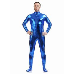 Kissqiqi Herre Latex Bodysuit, Herre Full Body Trikot lange ærmer Faux Læder Bodysuit Blå L