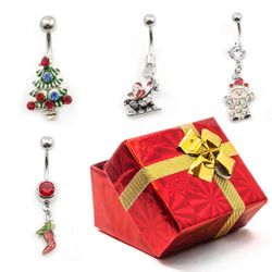 BodyJewelryOnine 4 Belly ring pack + ferie gaveæske - slik stok, jingle klokker, barn, strømpe