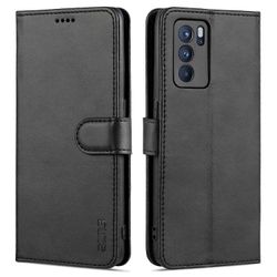 OPPO Reno6 Pro 5G AZNS Skin Feel Calf Texture Horizontal Flip -nahkakotelo, jossa on korttipaikat ja pidike ja lompakko Musta
