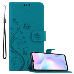 Xiaomi RedMi 9A / RedMi 9AT suojakotelo - kukkakuviolla ja korttipaikalla KUKKA SININEN