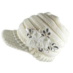 Fashion Winter Kvinders Strikkede Hat, Flat Top Sun Hat, Varm Hue, Baseball Cap med blomster Hvid