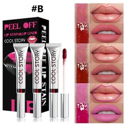 unbrand 3PCS Peel Off Lip Stain Lip Tint Set, Matte Lipstick &; Lip Liner, Vedenpitävä Long Lasting Peel Off Lip Gloss, Lip Liner Lip Makeup Kit B