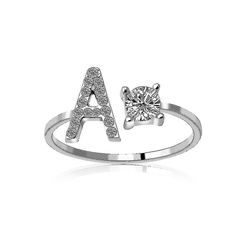A-z Brev Guld Farve Metal Justerbar Åbning Ring, Initialer Navn Alphabet Hvid
