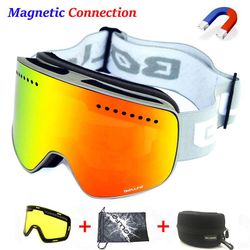 Magnetiske dobbeltlag Linse Skibriller Masker Anti-tåge Uv400 Snowboard Beskyttelsesbriller Ski Briller Briller til mænd med sag Lens Sort sort