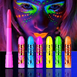 6kpl hehkua mustassa valossa kasvot ja vartalomaali, neon hehku fluoresoivat kasvomaaliväriliidut Halloween Club Makeup Xmas Glow Party -tapahtumaan