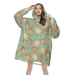 Söpö apina puussa Käytettävä peitto Huppari naisille Miehet Flanellipeitot Hupullinen peitto