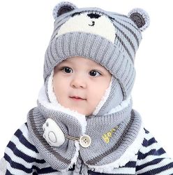 Baby Hat Bib Earmuff Sæt Bear Style Uld Strik Tørklæde Hat Winter Kids Hat grå