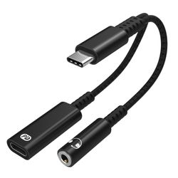 USB-C adapter til 3,5 mm hovedtelefoner og USB-C oplader Black
