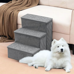 Hundetrapp 3 trinn med oppbevaring og sklisikring - Grå