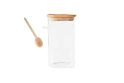 Pebbly Caja cuadrada alta de vidrio/bambú y cuchara dosificadora - 1400 ml