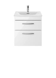 nuie Modern Bathroom Wall Hung 2 Soft Close Drawers Vanity Unit with Curved Ceramic Basin with 30mm Profile, 500mm, Gloss White, Manufactured Wood