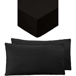 Amazon Basics Microfibre Fitted Sheet, Single, Black & Microfiber Pillowcases, Black – Set of Two