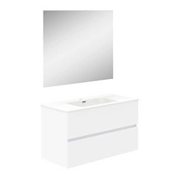 Baikal Mueble de Baño Dos cajones, suspendido a la Pared con Lavabo. Melamina 16. Mueble montado. Mueble de 90cm Blanco con Espejo Luna Lisa