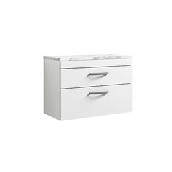 nuie ATH069LCM Athena Modern Bathroom Wall Hung 2 Soft Close Drawer Vanity Unit and Carrera Marble Laminate Worktop, 800mm, Gloss White
