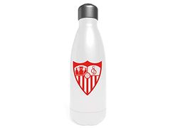 Sevilla - stalen waterfles, trommel, veldfles, hermetische sluiting, witte kleur, Sevilla FC-schild, officieel product (CyP Brands)