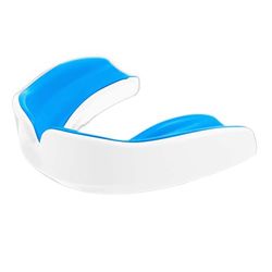 Enmo Maxilla - Paradenti in gel per ragazzi sotto i 10 anni, con custodia, per rugby, boxe, hockey e sport di contatto, paradenti con tecnologia a canale di respirazione a doppio strato, blu/bianco