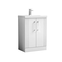nuie DPF125A Deco Modern Bathroom Floor Standing 2 Door Part Fluted Vanity Unit with Mid-Edge Ceramic Basin, Satin White