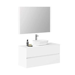 Baikal Mueble de Baño Onyx, 2 cajones, suspendido en Pared, con Lavabo cerámico. Mueble Montado, Melamina 16,Mueble F46 + Top + Lavabo + Espejo 120 cm Blanco