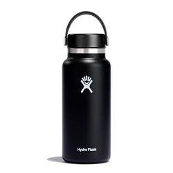 HYDRO FLASK - Drickflaska 946 ml (32 oz) - Vakuumisolerad stålflaska i rostfritt stål med läckagesäker Flex Cap med rem - Flaska BPA-fri - Bredmun - Black