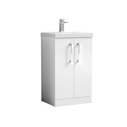 nuie ARN101D Arno Modern Bathroom Floor Standing 2 Door Vanity Unit with Thin-Edge Ceramic Basin, 500mm, Gloss White