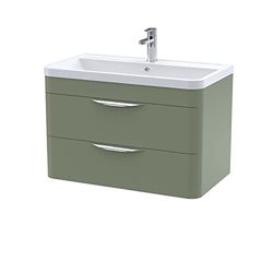 nuie FPA805A Parade Modern Bathroom Wall Hung 2 Drawer Vanity Cabinet with Ceramic Basin, 800mm, Satin Green