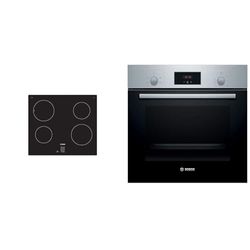 Bosch Home & Kitchen Appliances Bosch Serie 2 PUG61RAA5B Induction hob, 60 cm, Black & Serie 2 HHF113BR0B Stainless Steel Single Electric Oven with A Energy Efficiency, 66 Litre Capacity