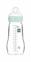 MAM Glazen fles, 2-4 maanden, 260 ml, met zuignap 2 met gemiddelde doorstroming van siliconen, gemakkelijk te reinigen, blauw, 1 stuks