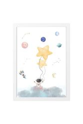 Cuadro infantil en color blanco con motivo de pequeño astronauta con globos de estrella en color amarillo.