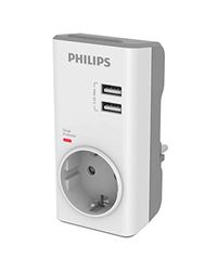 Philips Adattatore CHP4010W/10 - Adattatore di spina, caricatore USB integrato, 2 porte USB 2.4 A max, 1 presa di corrente, indicatore LED di alimentazione, protezione da sovratensione, colore bianco