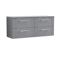 nuie DPF293W2 Deco Modern Bathroom Wall Hung 4 Drawer Part Fluted Vanity Basin Unit with Double Worktop, 1200mm, Satin Grey