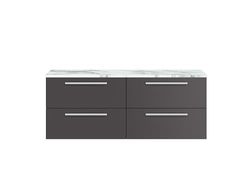 Hudson Reed QUA002LCM Quartet Modern Bathroom Wall Hung 4 Soft Close Drawer Vanity Unit and Carrera Marble Laminate Worktop, 1400mm, Gloss Grey