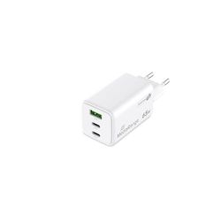 MediaRange GaN snellaadadapter van 65 W, EU-stekker, 2 x USB-C en 1 x USB-A, ondersteunt USB-C® Power Delivery en Quick Charge™, wit