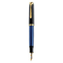 Pelikan 985978 - Elegante pluma estilográfica de lujo linea Souveraen M400, Rayas azules / negras detalles bañados oro de 24 quilates, Plumín M de dos tonos de oro, Made in Germany, en caja de regalo
