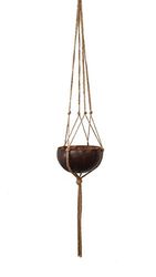 VIE Naturals Beautiful Coconut Shell Pot Holder, with a Sturdy Jute Macrame Style Hanging Rope, Brown, One