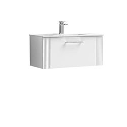 nuie DPF196B Deco Modern Bathroom Wall Hung 1 Drawer Part Fluted Vanity Unit with Minimalist Ceramic Basin, Satin White