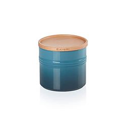 Le Creuset Voorraadpot van aardewerk met houten deksel, aardewerk, 1,1 liter, 14 cm, diep groenblauw