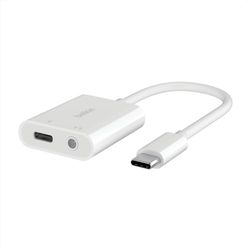 Belkin Adaptador Rockstar de Audio de 3,5 mm + Carga USB-C®, convertidor de Audio y Carga rápida USB-C PD de 60 W, iPhone 15, iPad Pro, Galaxy, Note, Google Pixel, LG, Sony Xperia y Otros, Blanco