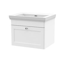nuie CLC194H Classique Wall Hung 1 Drawer Vanity Unit & 0 Tap Hole Fireclay Basin, 600mm, Satin White