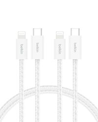 Belkin Confezione da 2 cavi intrecciati USB-C con connettore Lightning da 1,5 m, cavo flessibile per ricarica rapida, cavo Lightning per iPhone 14 e precedenti, iPad 9a gen. e AirPods, bianco